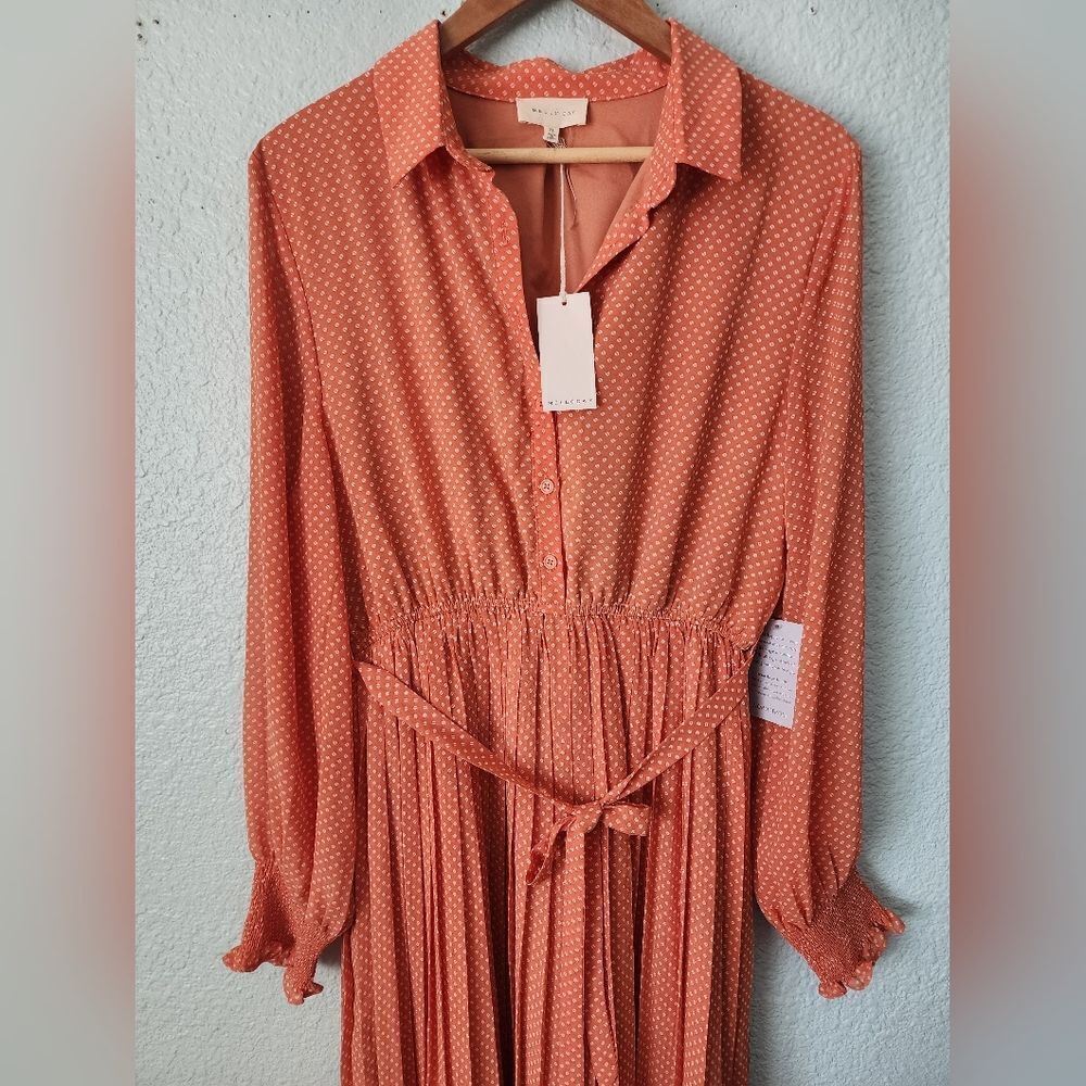 MELLODAY Orange Pleated Tie Front Dress New With Tags - Picture 5 of 11